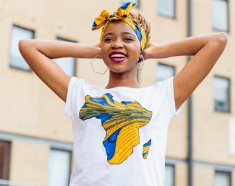 T-Shirt - African Map T-Shirt - African T-Shirt - WHITE T-shirt - Yellow Blue Feather - Afrocentric805