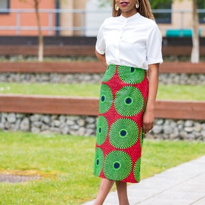 Skirts Pencil Skirt African Print Skirt Ankara Pencil Skirt RED GREEN CIRCLE Afrocentric805 image 3