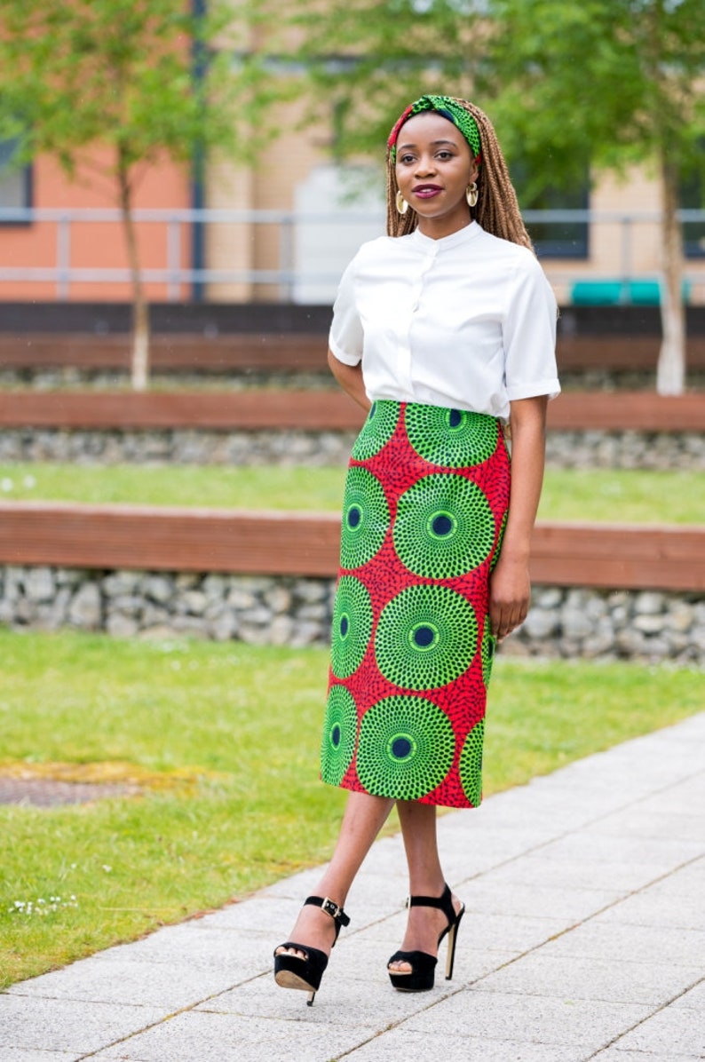 Skirts Pencil Skirt African Print Skirt Ankara Pencil Skirt RED GREEN CIRCLE Afrocentric805 image 3