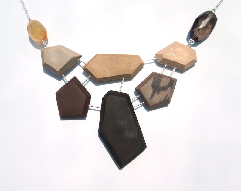 Genuine gemstone Neutral statement necklace with genuine smoky quartz and agate on sterling silver brown modern bib necklace gifts for her