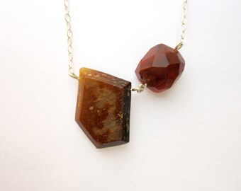 Yellow modern necklace: genuine carnelian gemstone on sterling silver. Handmade Reversible Necklace. Asymmetrical geometric orange necklace.