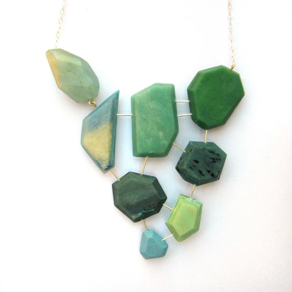 Geometric Jewelry, Green Blue Statement Necklace, Asymmetrical Necklace, Sterling Silver Necklace, Modern Geometric Necklace, Jade Necklace