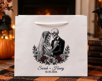 Bolsa de regalo de boda personalizada con diseño de pareja de esqueletos, nombres y fecha personalizados, diseño de Halloween, regalo gótico para novios recién casados.