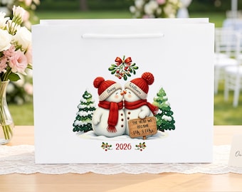 Sacchetto regalo natalizio personalizzato per coppie, sacchetto personalizzato con nomi e pupazzo di neve, confezione regalo natalizia per sposi novelli.