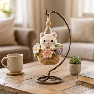 Blossom Basket Kitty Crochet Pattern | Amigurumi Cat Car Charm (Digital Download)