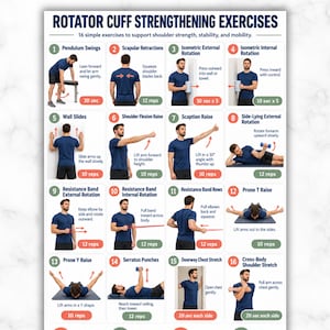 Könnte beinhalten: Ein digitales Plakat mit dem Titel Rotator Cuff Strengthening Exercises, das 16 nummerierte Illustrationen einer Person in einem blauen T-Shirt zeigt, die physiotherapeutische Übungen mit Anleitungen und Wiederholungszahlen ausführt.