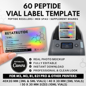 May include: A rectangular holographic label template for Retatrutide vials, featuring text including 10 MG, lyophilised powder, purity 99%, subcutaneous injection, for research purposes only, keep refrigerated at 2°C - 8°C, and MFG 06/01/26.