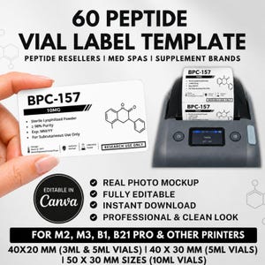 May include: A 60 peptide vial label template for peptide resellers, med spas, and supplement brands. The white rectangular label features BPC-157 10MG text, a chemical structure diagram, and research use only markings, compatible with M2, M3, B1, B21 PRO printers.