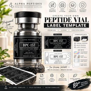 Puede incluir: Una plantilla digital para etiquetas de viales de péptidos con el texto Alpha Peptides, BPC-157 y Research Use Only. El diseño incluye dos versiones de etiquetas, en blanco y negro, con iconos de compatibilidad para impresoras.