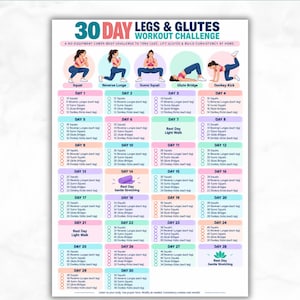 Peut inclure: Un tableau de défi d'entraînement des jambes et des fessiers sur 30 jours avec des illustrations de squats, fentes et ponts fessiers. Le document comprend des routines quotidiennes avec des cases à cocher, formaté pour A4 et US Letter.