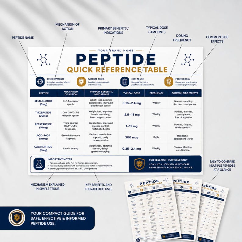 May include: A Peptide Quick Reference Table chart featuring columns for peptide names, mechanism of action, primary benefits, typical dose, frequency, and common side effects. The document includes important notes and research purpose disclaimers.