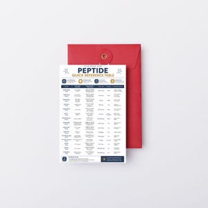 May include: A white rectangular peptide quick reference table card with dark blue text and headers, featuring a detailed chart of various peptides and their properties, partially tucked into a solid red envelope with a gold metal eyelet closure.