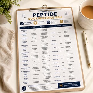 May include: A Peptide Quick Reference Table printed on white paper and secured to a wooden clipboard. The chart features columns for peptide names, mechanisms of action, primary indications, typical dosages, frequencies, and common side effects.
