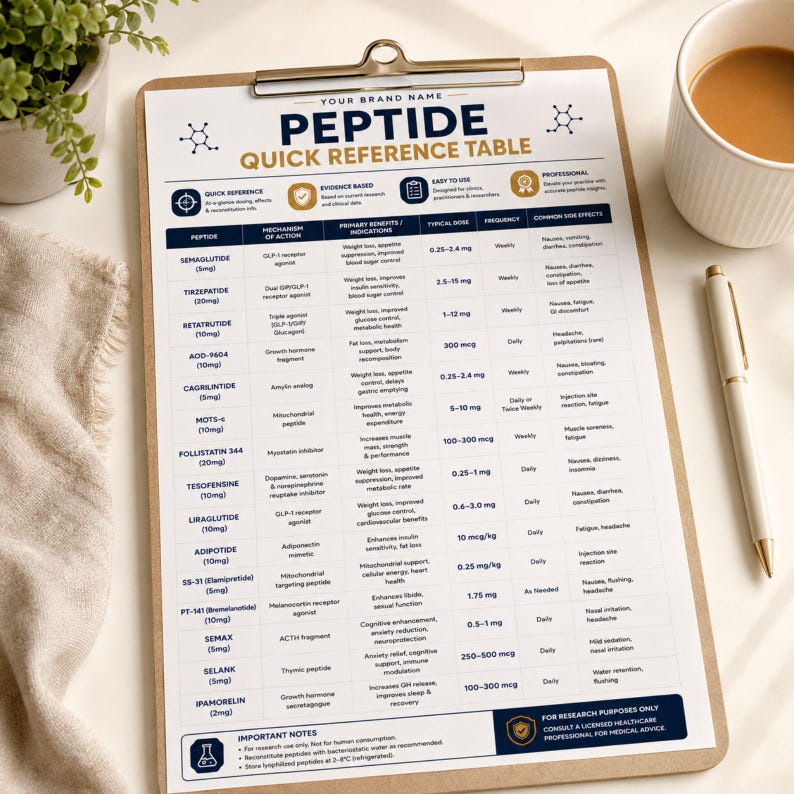 May include: A Peptide Quick Reference Table printed on white paper and secured to a wooden clipboard. The chart features columns for peptide names, mechanisms of action, primary indications, typical dosages, frequencies, and common side effects.