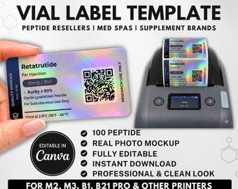 Niimbot Peptide Label Template, 100 Peptide Vial Labels, Canva Editable Design, M2, M3, B21 Printable Sticker Template, Digital Download