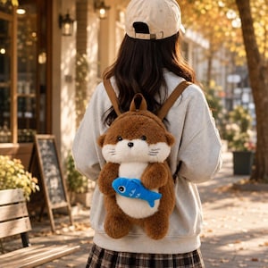 May include: A plush brown and white otter-shaped backpack featuring a small blue fish toy held in its paws. The backpack has soft, fuzzy fur, dark eyes, and embroidered whiskers, worn with brown straps over a light grey sweatshirt and plaid skirt.