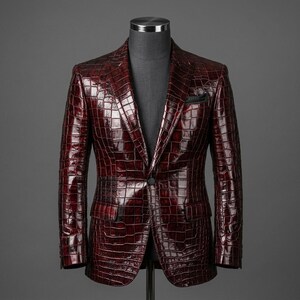 Op de afbeelding: Een diepbordeauxrode blazer met een glanzende, in reliëf gemaakte krokodillenleertextuur. Het jasje heeft een ingekeepte revers, een sluiting met één knoop, twee klepzakken in de taille en een klein borstzakje, gepresenteerd op een paspop.