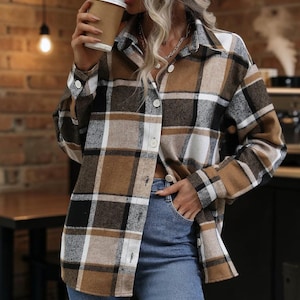 Flanellhemd-Jacke für Damen mit Karomuster, langärmlige Hemdjacke mit Knopfleiste, Oversize-Karomantel, lässiges, warmes Winteroberteil