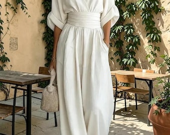 Women’s V Neck Short Sleeve Jumpsuit, Casual Summer Wide Leg One Piece Outfit, Relaxed Romper, Vacation Travel & Everyday Wear