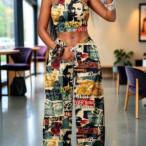 May include: A two-piece set consisting of a sleeveless crop top and wide-leg trousers. The fabric features a multi-coloured collage print with portraits, guitars, and text including "Relax," "Forever," "Love," and "Never Young" in black, red, and tan.