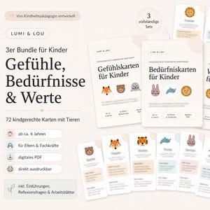 Pode incluir: Um conjunto de 72 cartões educativos para crianças com ilustrações de animais, intitulado Gefühle, Bedürfnisse & Werte, com três baralhos distintos chamados Gefühlkarten, Bedürfniskarten e Wertekarte, apresentados num fundo claro.
