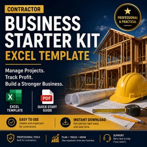 Puede incluir: Una plantilla de Excel para kit de inicio de contratista con el texto Contractor Business Starter Kit Excel Template, Manage Projects, Track Profit, Build a Stronger Business, Professional & Practical y Easy to Use.