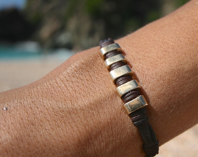 Solid gold bar 18k or 10k leather bracelet, gypset luxury jewelry, bohochic inspiration, St Barths signature, genuine gold ingots jewelry !