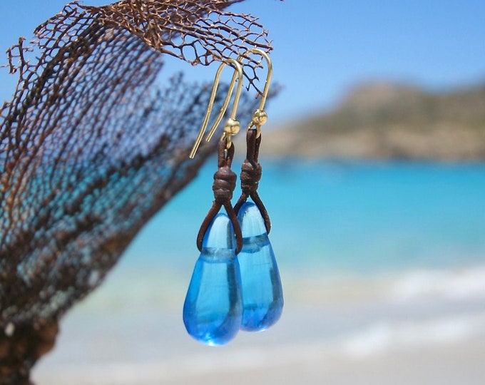 Hand cut glass earrings with 18k gold wires, dangle drops strung on leather, gold pendant, drops on leather, St Barthelemy jewelry