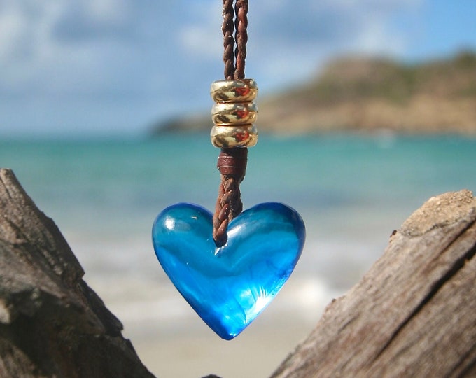 leather blue heart necklace with 18K gold beads knotted on leather from St Barth island.