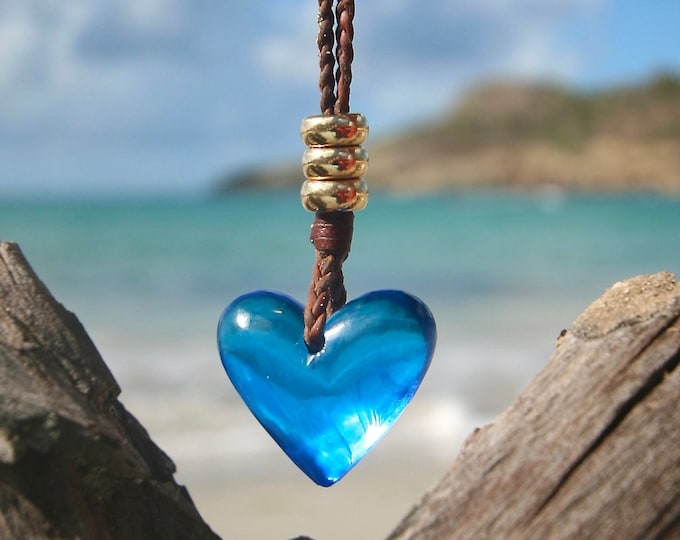 leather blue heart necklace with 18K gold beads knotted on leather from St Barth island.