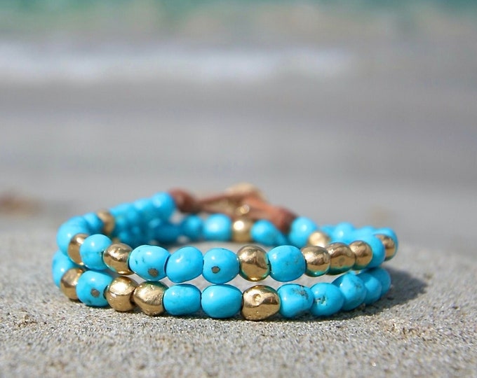 Double wrap leather bracelet with Turquoise and solid 18k Gold beads and clasp, rare Turquoise from Arizona, Jewelry from St Barth island