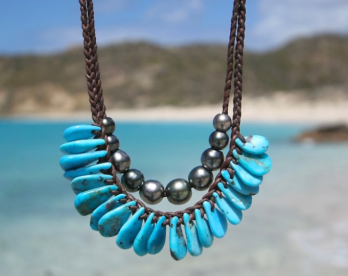 Tahitian pearl and Nevada Turquoises necklace on double strand of braided leather from St Barth island, seaside beach jewelry pearl necklace