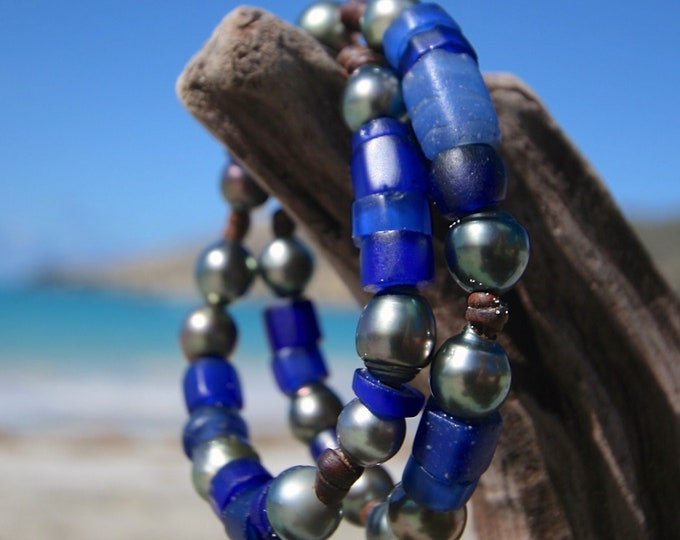 Double leather wrap bracelet of ancient African trade beads and 16 Tahitian black cultured pearls, St Barts jewelry, seaside, island style