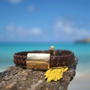 Gold and leather unisex bracelet made in St Barth Island, solid 18K plain gold mounted on leather, handcrafted jewelry From Saint Barthelemy