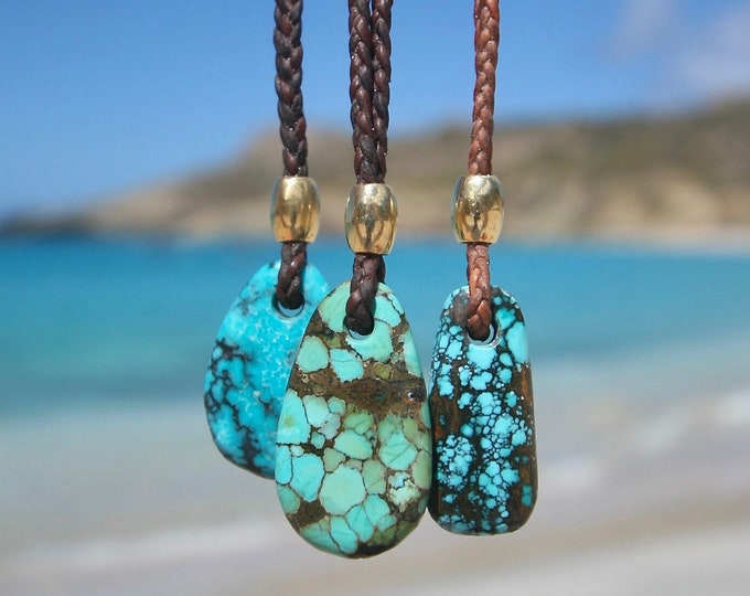 Turquoise and gold necklace on leather with esTahitian pearl clasp, hand carved, beach jewelry from St Barthelemy, real turquoise necklace