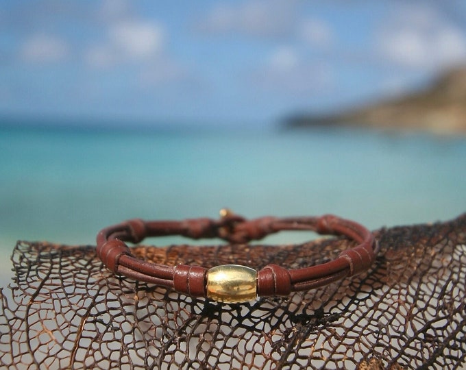 Leather and 18k gold bracelet from St Barth with hand-casted 18k Gold elements OR a black Tahitian pearl clasp, st barth leather jewelry,