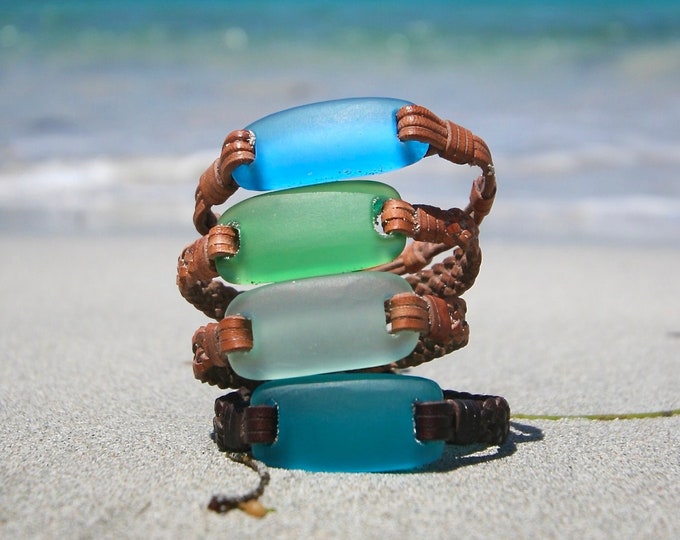 Sea glass bracelet, chunky solid 18K gold clasp and braided leather, beach glass, colorful tailor made bracelet, St Barth Island jewelry.