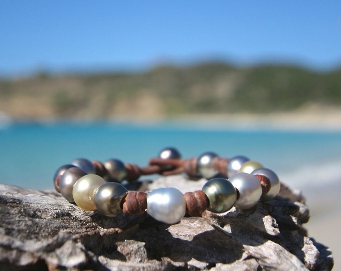 handcrafted leather bracelet featuring multicolor cultured pearls, beach seaside mermaid coastal jewelry, st barth leather signature designs