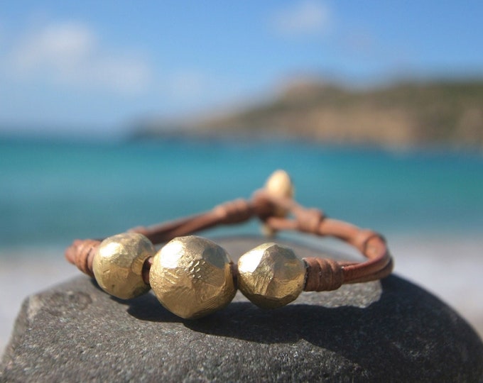 Solid 18k handmade gold beads strungs on leather. luxury jewelry, one of a kind solid gold design, St Barth island, genuine plain gold beads