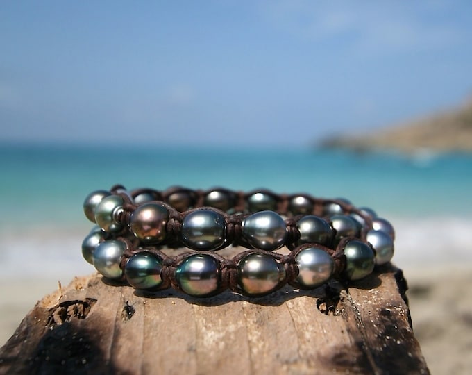 Double wrap of Tahitian pearls bracelet, cultured pearls, St barthelemy island design, black pearls, boho, beach jewelry, gypsy chic,