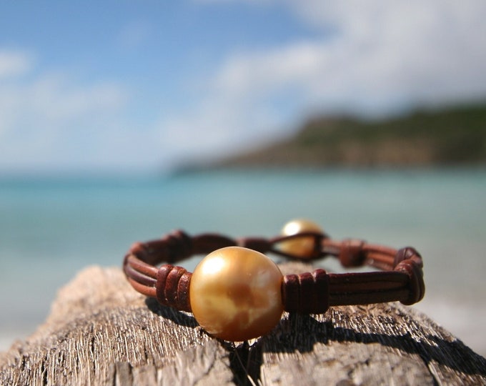 HUGE awesome Australian gold pearl mounted on leather, St Barths island, leather and pearls, boho, cultured pearls, beach jewelry, gypsy