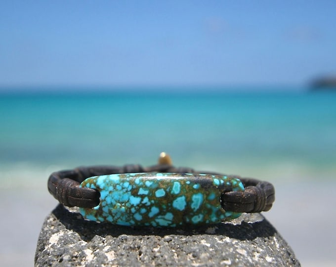 Rare Turquoise and 18k gold bracelet, St Barts jewelry, tailor made leather bracelet with 18k gold clasp from Saint barthelemy island