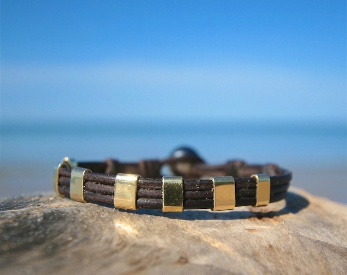 Seven pure 24k gold beads on leather with a Tahitian pearls clasp, beach jewelry, bohochic, St Barth island, handmade leather chic jewelry.