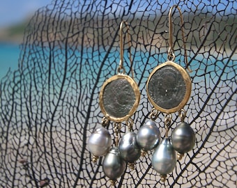 24k Gold earrings with antique Roman coins and Tahitian pearls pendant, 24k bezel and 18k gold hooks, Saint Barthelemy, antique gold jewelry