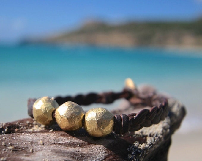Solid 18k handmade little gold beads strungs on leather. luxury jewelry, one of a kind solid gold design, St Barth, genuine plain gold beads