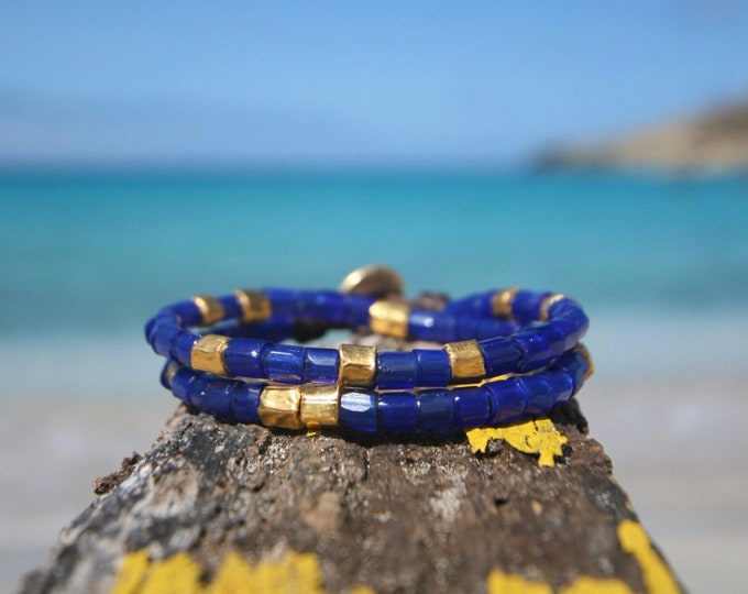 Double wrap gold and trade beads leather bracelet, Jewelry from St Barth island, 24K pure gold & Button 18k solid gold clasp, summer jewelry