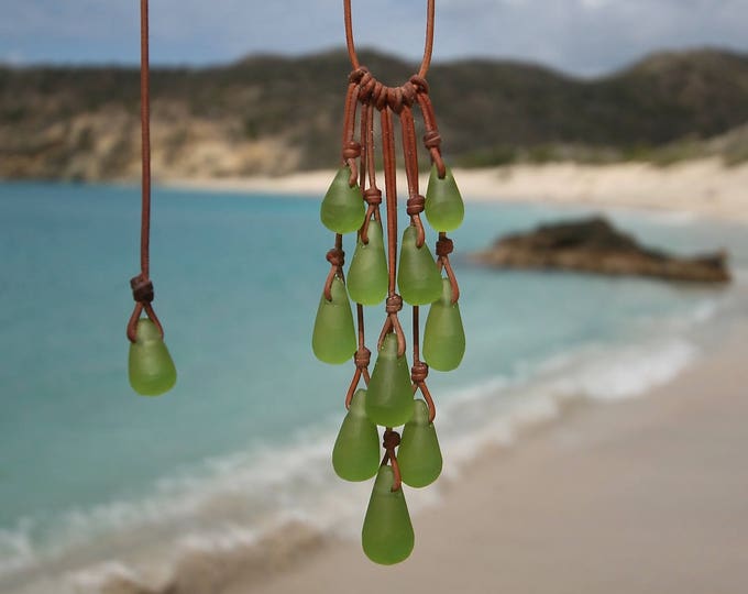 Sea glass green necklace,handmade beach glass jewelry from St Barth island, bohemian-chic cluster grappe, Tahitian black cultured pearls.