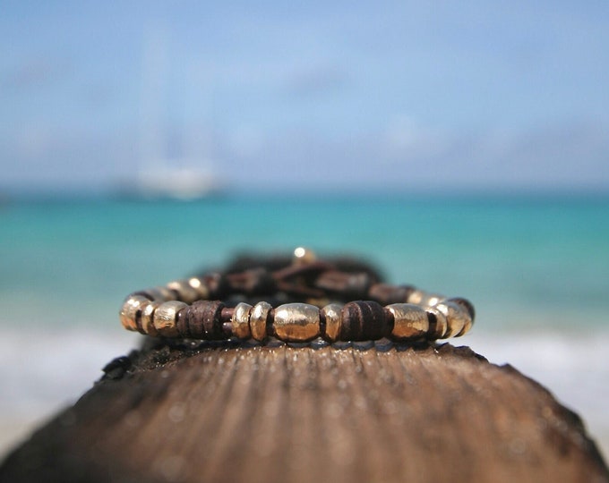 Unisex leather and gold bracelet from St Barth island with 18k Gold elements knotted on leather, st barth leather jewelry, summer beach vibe