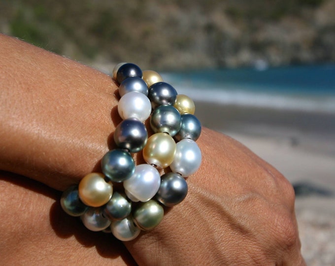 3 leather strands of fine multicolor pearl strung with Tahitian and Australian pearls, St Barth, gift for xmas, custom super chic bracelet