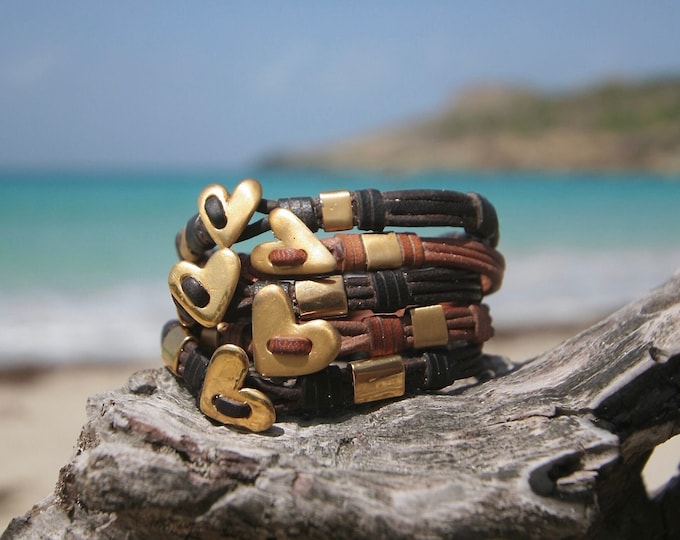 Gold heart and leather bracelet made in St Barth Island, solid 18K plain gold mounted on leather, handcrafted jewelry From Saint Barthelemy